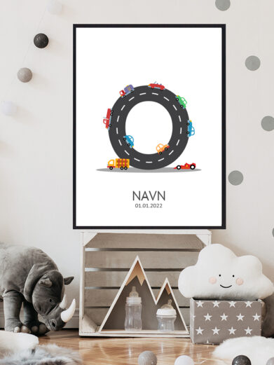 Navnetavle plakat med bogstavet O. Der er traktor, fly, både på denne navnetavle med bogstavet O.