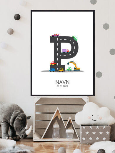 Navnetavle plakat med bogstavet P. Der er traktor, fly, både på denne navnetavle med bogstavet P.