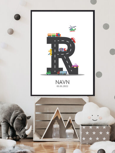 Navnetavle plakat med bogstavet R. Der er traktor, fly, både på denne navnetavle med bogstavet R.
