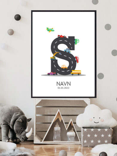 Navnetavle plakat med bogstavet S. Der er traktor, fly, både på denne navnetavle med bogstavet S.