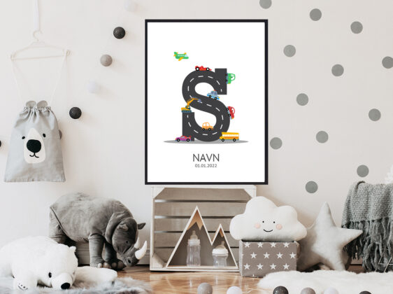 Navnetavle plakat med bogstavet S. Der er traktor, fly, både på denne navnetavle med bogstavet S.