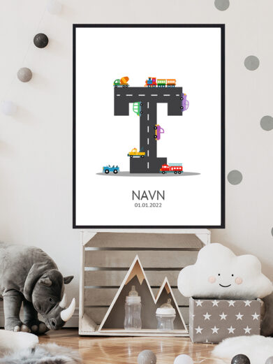 Navnetavle plakat med bogstavet T. Der er traktor, fly, både på denne navnetavle med bogstavet T.