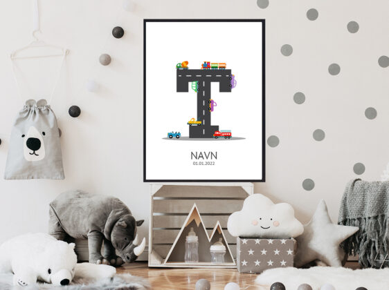 Navnetavle plakat med bogstavet T. Der er traktor, fly, både på denne navnetavle med bogstavet T.