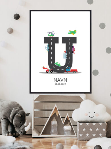 Navnetavle plakat med bogstavet U. Der er traktor, fly, både på denne navnetavle med bogstavet U.