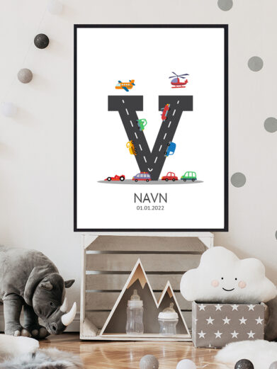 Navnetavle plakat med bogstavet V. Der er traktor, fly, både på denne navnetavle med bogstavet V.