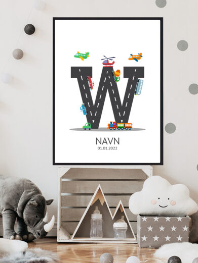 Navnetavle plakat med bogstavet W. Der er traktor, fly, både på denne navnetavle med bogstavet W.
