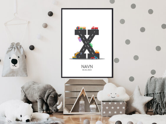 Navnetavle plakat med bogstavet X. Der er traktor, fly, både på denne navnetavle med bogstavet X.