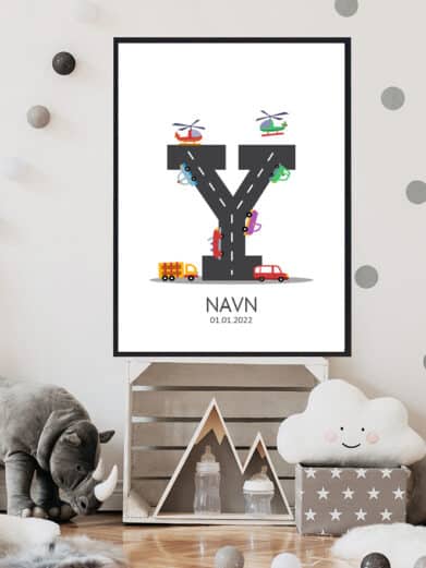 Navnetavle plakat med bogstavet Y. Der er traktor, fly, både på denne navnetavle med bogstavet Y.