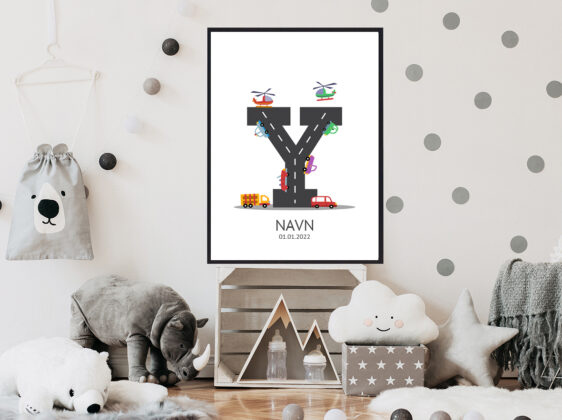 Navnetavle plakat med bogstavet Y. Der er traktor, fly, både på denne navnetavle med bogstavet Y.