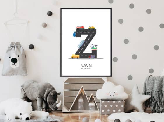 Navnetavle plakat med bogstavet Z. Der er traktor, fly, både på denne navnetavle med bogstavet Z.