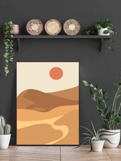 Kunstplakat med ørken som motiv. Denne boligplakat med kunst er i gule rødlige farver