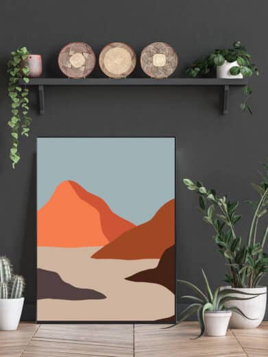 Kunstplakat med ørken. Denne boligplakat med kunst er i flotte rødlige farver