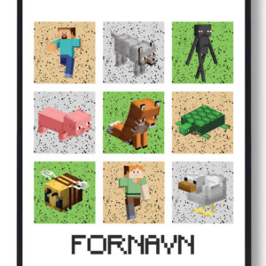 Minecraft gamerplakater med navn (grå, gul og grøn)