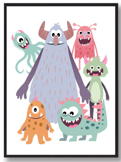 Børneplakat til børn med mange monstre på