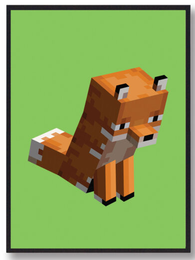 Gamer plakat med Minecraft. Ræv fra Minecraft på grøn baggrund