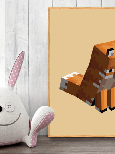 Gamer plakat med Minecraft. Ræv fra Minecraft på gul baggrund