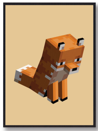 Gamer plakat med Minecraft. Ræv fra Minecraft på gul baggrund