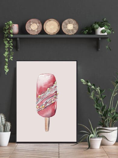 Twister is - håndtegnet plakat: A watercolor style print of a pink ice cream bar with white drizzle and gold sprinkles.