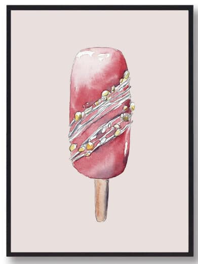 Hand-drawn "Twister" poster. A watercolor style illustration of a pink popsicle with white drizzle and golden sprinkles on a stick.