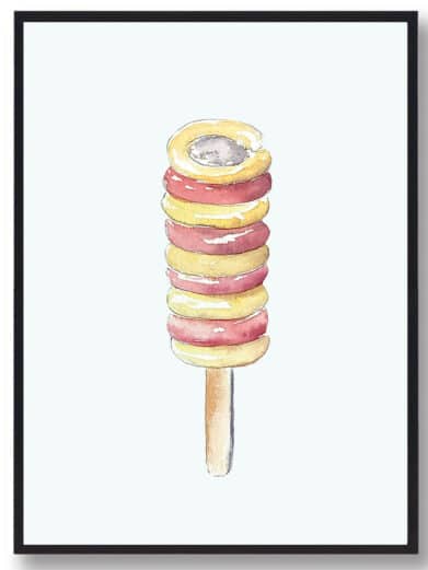 Twister hand-drawn poster: Whimsical watercolor illustration of a yellow and pink ringed ice cream on a stick, perfect for kids' rooms.