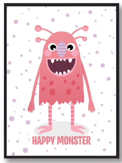 Rød monster plakat til børn med teksten 'Happy Monster'