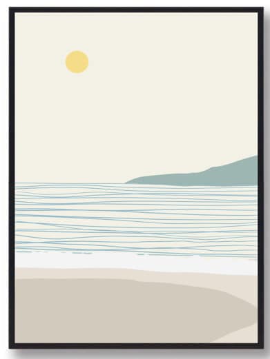 Kunstplakat med havet og stranden. Denne boligplakat med kunst er med flot motiv af strandet og havet