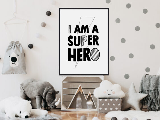 i-am-a-superhero-boern-plakat-2 Børneplakat med teksten "i am a superhero". Plakaten er i farverne sort-hvid, og passer perfekt til børneværelset.