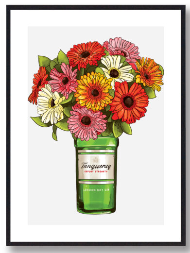 Plakat med tangerine flaske med blomster og grå baggrund