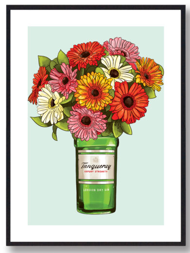 Plakat med tangerine flaske med blomster og grøn baggrund