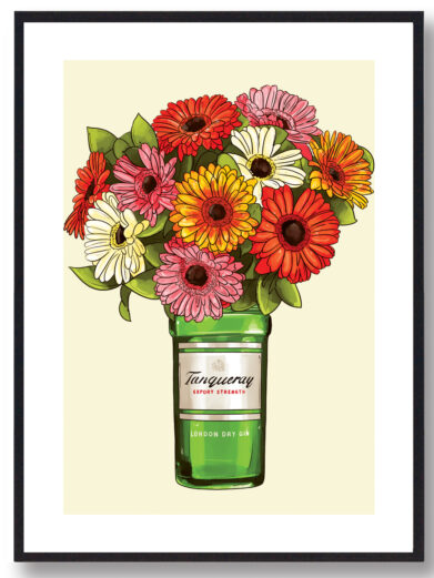 Plakat med tangerine flaske med blomster og gul baggrund
