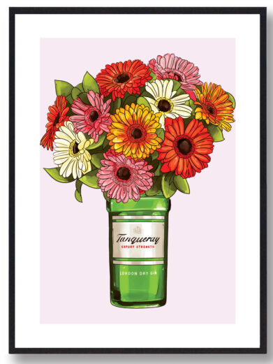 Plakat med tangerine flaske med blomster og lyserød baggrund