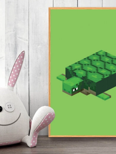 Gamer plakat med Minecraft. Skildpadde fra Minecraft på grøn baggrund