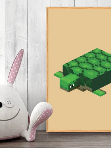 Gamer plakat med Minecraft. Skildpadde fra Minecraft på gul baggrund