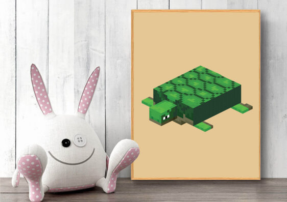 Gamer plakat med Minecraft. Skildpadde fra Minecraft på gul baggrund