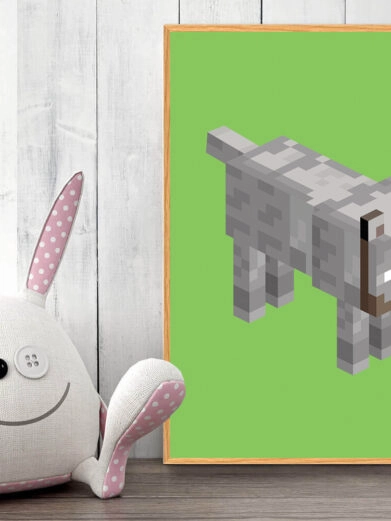 Gamer plakat med Minecraft. Ulv fra Minecraft på grøn baggrund
