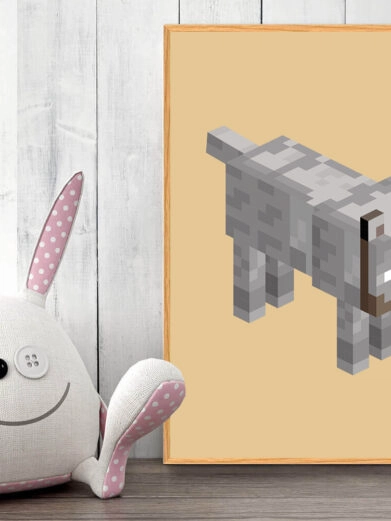 Gamer plakat med Minecraft. Ulv fra Minecraft på gul baggrund