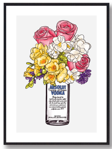 Plakat med Absolut vodka flaske med blomster og gul baggrund
