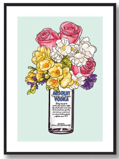 Plakat med Absolut vodka flaske med blomster og grøn baggrund