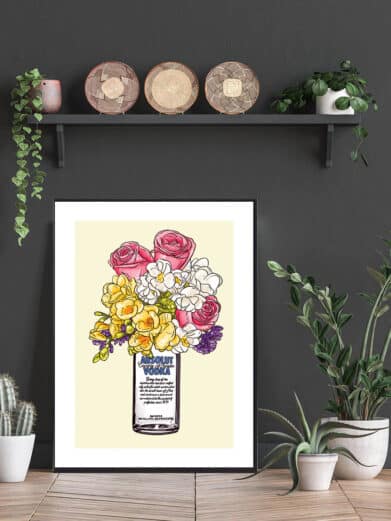 Plakat med Absolut vodka flaske med blomster og gul baggrund