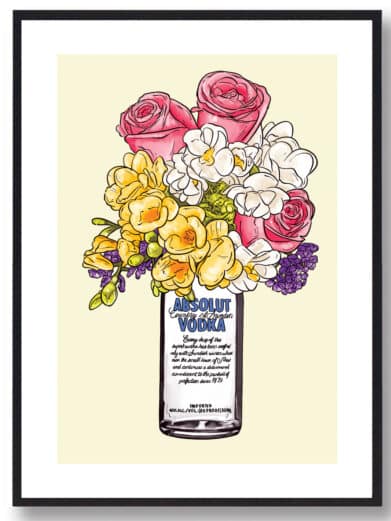 Plakat med Absolut vodka flaske med blomster og gul baggrund