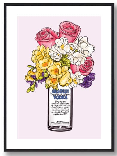 Plakat med Absolut vodka flaske med blomster og lyserød baggrund