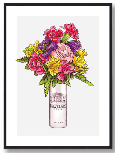 Plakat med Belvedere flaske. Røde roser og grå baggrund