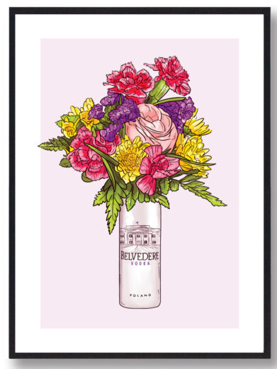 Plakat med Belvedere flaske. Røde roser og lyserød baggrund
