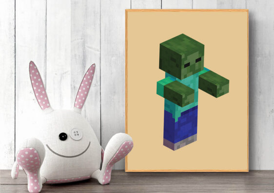 Gamer plakat med Minecraft. Zombie fra Minecraft på gul baggrund