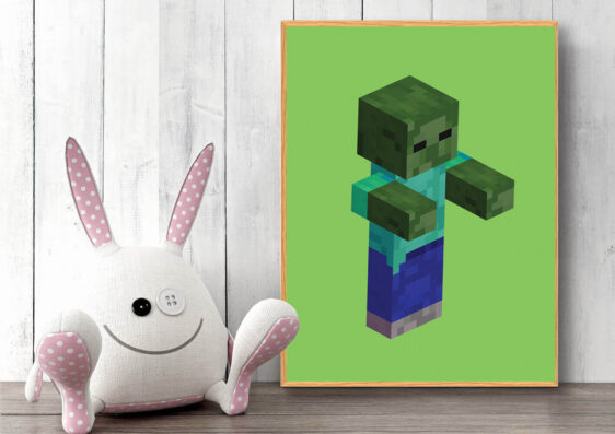 Gamer plakat med Minecraft. Zombie fra Minecraft på grøn baggrund
