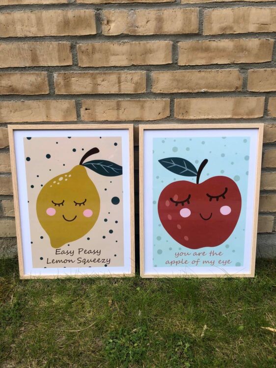 Frugt plakater til børneværelset. Æble- og citronplakat