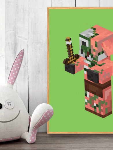 Gamer plakat med Minecraft. Zombie gris med sværd fra Minecraft på grøn baggrund