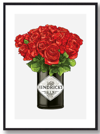 Plakat med Hendricks flaske. Røde roser og grå baggrund