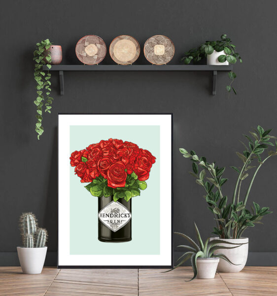 Plakat med Hendricks flaske. Røde roser og lysegrøn baggrund