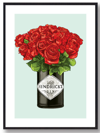 Plakat med Hendricks flaske. Røde roser og lysegrøn baggrund